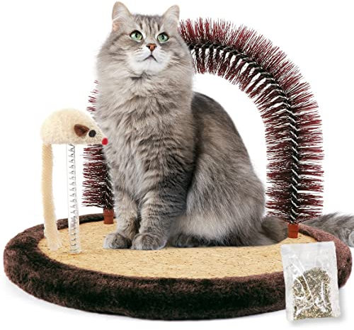 Happi N Pets Kratzpfosten, Selbstpflegegerät, Katzen-Massagegerät, Katzenhaarbürste für die Pflege mit robuster Katzenkratzpad und Katzenminze, interaktive Maus-Spielzeug für Kätzchen