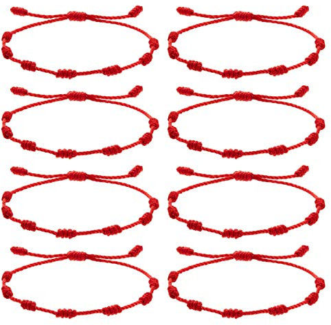 VEGCOO Lot de 8 bracelets rouges à 7 nœuds pour couples, homme, femme et famille, 16-30 cm, Coton