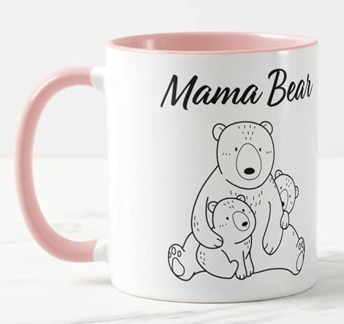 Vixar Mama Bear with 2 Cubs Mothers Day mom Mum Coloured Mug Cup Gift Birthday Work Office Christmas Tea Coffee MB03 (Pink)