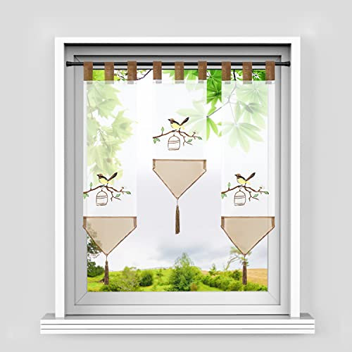 HeichkelL Scheibengardinen Set 3 teilige Bistrogardine mit Stickerei und Quaste Panneaux Küchegardine mit Schlaufen Kurzstores Lamellen Gardinen Braun Vögel BxH 20x50cm*1 + 20x70cm*2
