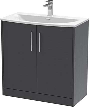 Hudson Reed JNU2205G Juno Modern Bathroom Floor Standing 2-Door Vanity with Curved Ceramic Basin, 800mm, Woodgrain Graphite Grey