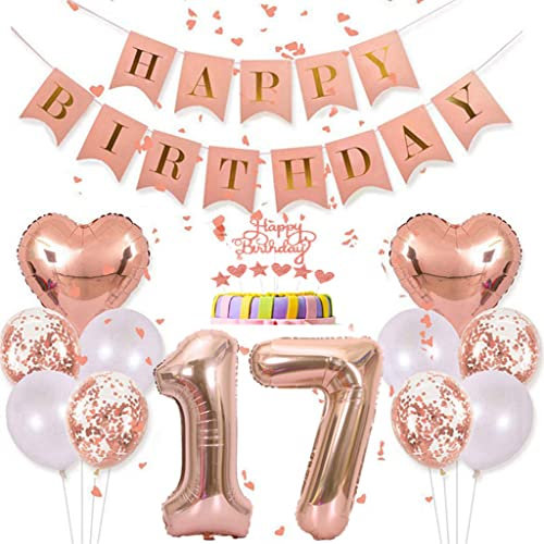 Conruich Deko 17. Geburtstag Mädchen - Rosegold Tortendeko, Ballon, Happy Birthday Banner - Geburtstagsdeko für 17 Jahre