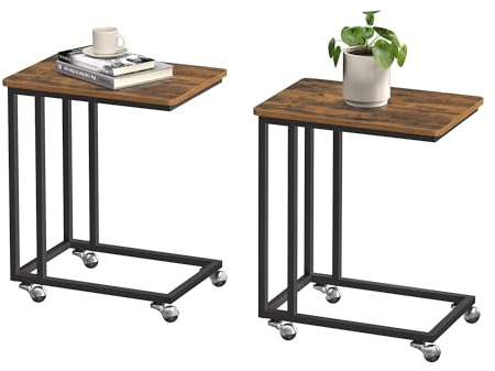 VASAGLE Beistelltisch 2er Set,Sofatisch mit Rollen, C-Form, mobiler Kaffeetisch, 35 x 50 x 60 cm, Wohnzimmertisch mit Metallgestell, für Laptop, Industrie-Design, vintagebraun-schwarz LCT644B01