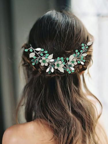 IYOU Strass Brautschmuck Haarreifen Grüne Blume Hochzeit Stirnband Party Brautjungfer Haarschmuck für Frauen