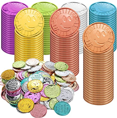 Prasacco 100 Stück Piratenmünzen, bunte Münzen in Form eines lächelnden Gesichts für Belohnung und Klassenverhalten aus Kunststoff