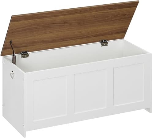 HOOBRO Cassapanca Portaoggetti da 100 cm con Cerniere di Sicurezza, Scatola Contenitore con Coperchio Ribaltabile, per Ingresso, Camera da Letto, Soggiorno, Bianco e Noce EWH141CW01