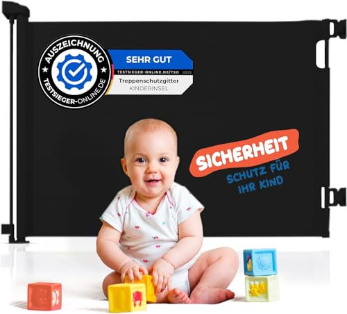 KINDERINSEL Treppenschutzgitter/Rollo ohne Bohren/mit Klebepads/Farbe Schrwarz/Ausziehbar/Teppenschutz/Türschutzgitter/Hundegitter
