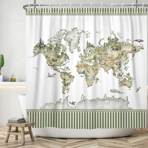 ASDCXZ Rideau de Douche drôle 180x200 cm, Rayures Vertes Animaux drôles Carte du Monde Blanc Lavable Textile Rideau Douche imperméable pour Baignoire avec 12 Crochets