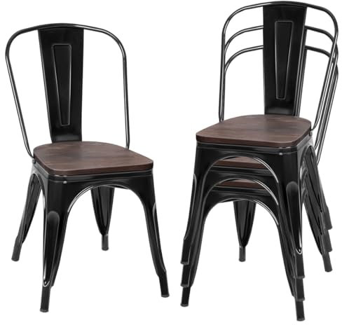 LIFEZEAL Chaise Salle à Manger en Métal et en Bois, Durables et Solides, Lot de 4 Chaises Industrielles avec Dossier Ergonomique, Tabouret de Bar avec Capacité de Charge de 150KG (Noir)