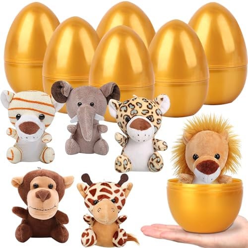 DIYDEC Gold Filled Easter Eggs, 6pcs Cute Animal Plush Toys Prefilled Gold Plastic Easter Eggs Surprise Present for Easter Basket Stuffers Party Favors Egg Hunt for Kids