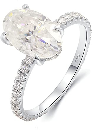 Lieson Anello Fedina Donna, Anelli Oro Donna 14K Elegante A Fila A 4 Griffe Moissanite Ovale 2.5ct Anello di Fidanzamento Donna Oro Bianco Misura 23,5