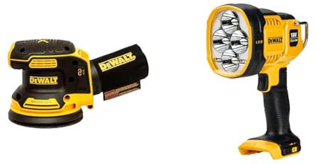 DEWALT DCW210N-XJ Cordless Sander 18V XR Brushless 125mm Bare Unit & DCL043-XJ XR Cordless LED Spotlight, 18V, 30cm x 20cm x 20cm, Black/Yellow