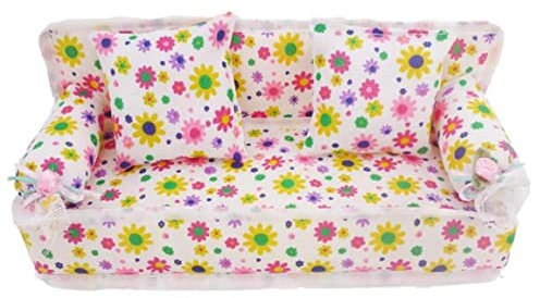 Porgeel Dollhouse Möbel 1:12 Skala Dollhouse Couch 7.87x2,76x2,95 Zoll Blumenmuster Drucke Mini -Sofa und Sofa -Kissen Spielzeugzubehör für Kinder