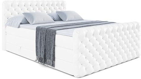 ALTDECOR Boxspringbett mit H3 Matratze-Bonellfederung, H4 Multipocket-Matratze (20 cm hoch) PUR, Topper (5 cm hoch), Polsterbett mit Kopfteil und Bettkasten -BOXI8-Z King -120x200 -Weiß Kunstleder