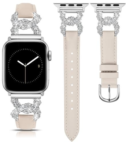 TOYOUTHS Leather Strap Compatible with Apple Watch Straps 41mm 40mm 38mm 42mm Women, Dressy Designer Diamond Interlock Buckle Thin Leather Strap for iWatch 10/9/8/7/6/5/4/3/SE, Starlight/Silver
