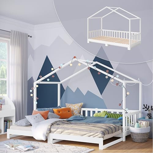 Bellabino Hausbett Bia 90x200 cm ausziehbar 180x200 cm, Kinderbett inkl. Rausfallschutz und Rolllattenrost mit Ausziehfunktion, Montessori Bett weiß aus Massivholz Kiefer