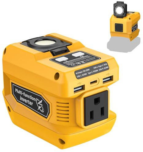 220W Power Inverter Compatible with De-walt 20V Battery, DC 20V to AC 110V Portable Power Station with 1 AC Outlet, 2 USB Ports and 1 Type-C Fast Charging, 400 LED Work Light