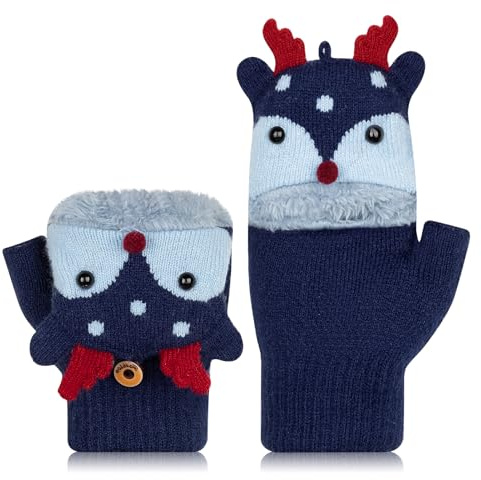 Kiiwah Guantes sin Dedos para Niños, Guantes de Invierno con convertible Flip Top, Cálido Guantes de Punto, Suave Forro de Felpa Medio Dedo Guantes Patrón Lindo para Niños Niñas, 3-8 Años