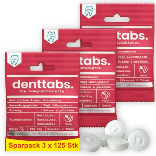 Denttabs Lot de 3 paquets de 125 comprimés pour brossage des dents au goût fraise - Alternative complète au dentifrice - Sans fluorure - Pour enfants et adultes - Sans plastique - Sans conservateurs