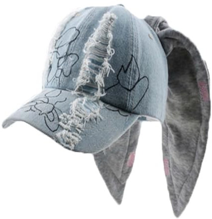 WUODHTW Y2k Baseballkappe mit Ohren, Metall, Eisenring, Kette, Used-Look, Denim, Baseballkappe, Sonnenkappe, Hiphop-Tanzhut, Hasenhut, A5, Einheitsgröße