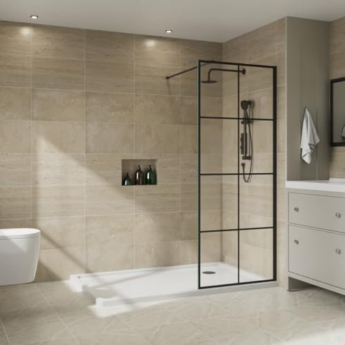 NRG 900 x 1950mm Bathroom Wet Room Screen Panel 8mm Black Grid Easy Clean Glass Black Framed Walk in Shower Enclosure