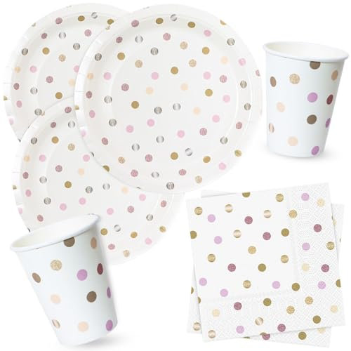 Pappteller Servietten Pappbecher Partygeschirr Set Punkt Bunt Tischdeko zum Geburtstag, Kindergeburtstag für 16 Gäste