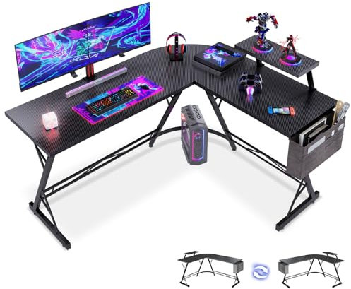 ODK Eckschreibtisch, L Form Gaming Schreibtisch mit runder Ecke, Gaming Tisch mit Monitorablage, L Computertisch, Klassisches Schwarz, Kohlefaser Schwarz Gaming Schreibtisch 147 x 120 cm