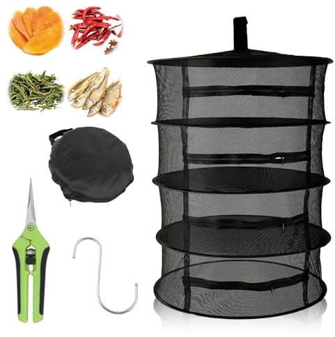 Abiemuce Trockennetz Kräuter, 4-Lagiger Kräutertrockner Hängend, Trockennetz mit Astschere und Haken, Reißverschluss Klappbar Trocknungsnetz, für Kräuter, Pflanze, Gewürze (Schwarz+Schwarz) (80CM)