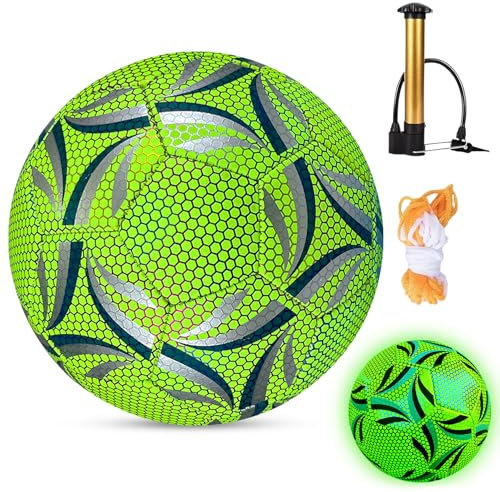 Reflektierender Fußball Größe 5, Fußball Leuchtend im Dunkeln mit Pumpe - Holografischer Fußballs, Leuchtender Trainingsball für Nachtspiele, Unisex Trainingsfußball für Drinnen und Draußen, Grün