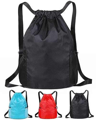 SoftcuteLee Drawstring Bag, Swim PE Bags, Drawstring Gym Bags for Kids Adults, Waterproof Swimming Sports Bag with Two Side Pockets for School Sports Swimming Gym Travel Unisex (Black)