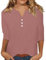 Top da donna in cotone e lino con maniche a 3/4 elegante casual primavera estate tinta unita Henley Tees manica a tre quarti T-shirt con bottoni basic da donna scollo a V carino tunica camicette,