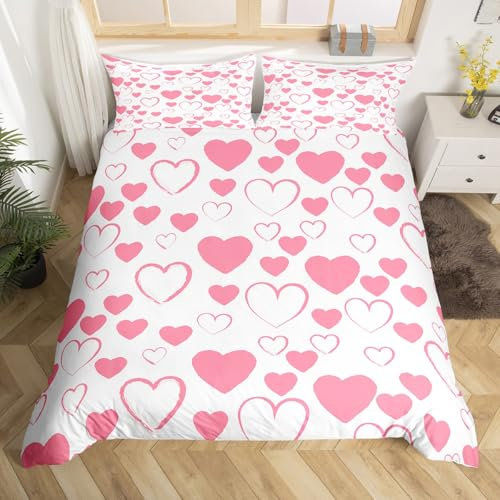 Loussiesd - Copripiumino singolo con motivo cuori, rosa, per coppie e donne, moderno e minimalista, in microfibra ultra fine, 1 federa, con cerniera