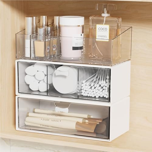 Bawuie Medizinschrank mit 3 Ebenen, stapelbar, Badezimmer-Aufbewahrung mit 2 Schubladen und Make-up-Halter, Fach mit Trennwänden für Wandschrank, Spiegel, Schminktisch, Arbeitsplatte, transparenter