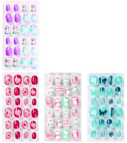 96 Stück Falsche Nägel für Kinder mit Nagelkleber - Pre Glue Full Cover Kurze Kindernägel Künstliche Nagelspitzen - Ready to Wear Press On Gel Nails für Kinder Mädchen (Pink Blue F, Kurz)