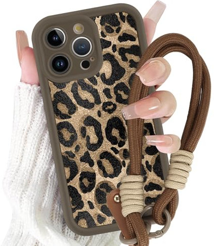 Yirlbey Funda con Cuerda Strap para iPhone 12 Pro Max 6,7, Silicona Carcasa con Colgante Cordon Correa Cuerdas con Aesthetic Leopardo Vaca Dibujos, Antigolpes Caso Cover para iPhone 12 ProMax, marrón
