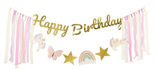 Große Girlande Happy Birthday Einhorn Geburtstag Mädchen Banner Geburtstag Partykette Sterne Schmetterling Sterne Regenbogen Unicorn Geburtstagsdeko Länge 230cm