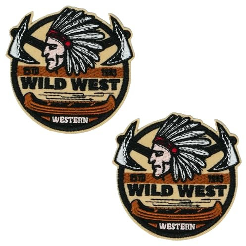 2 X Wild West Hatchet Iron-On Patch – 7 x 7cm Embroidered Western Badge with Feathers, Tomahawks & Canoe – Cowboy Costume Patch for Jackets, Vests, Bags & Crafts
