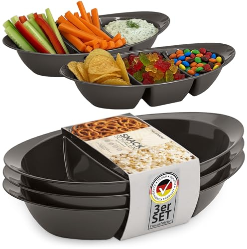 Hausfelder Snack Teller Set, 3er Set, Anthrazit | Kunststoff, 3er Set, BPA-frei, stapelbar, Snack, Teller, Schwarz, Servierplatte, Süßigkeiten, Chips, Fächern