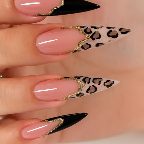 24PCS Long Stiletto Press on Nails Leopard French Tips – Glossy Nude Pink False Nails with Gold Glitter Edge Handmade Stylish & Unique Art Design for Parties Events Elegant Touch