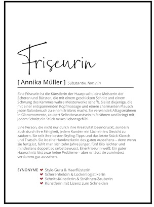 Generisch Friseur Friseurin Definition, Geschenk Poster personalisiert | Friseursalon Friseurmeisterin Friseurmeister Barbier Haarschneider, Geschenk Geburtstag Weihnachten Danke