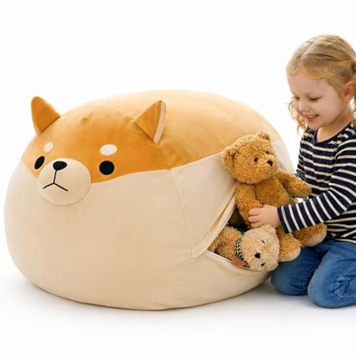elovia Kuscheltier Aufbewahrung Sitzsack - Bezug ohne Füllung – Shiba Design, Spielzeug Organizer fürs Kinderzimmer, mit Reißverschluss