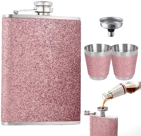 FAINCA Petacas Portátil cuero PU, 8 oz Petacas de Alcohol 1 Embudo Acero Inoxidable 2 Copas Vino, Set Petaca Mujer Pequeña Todo Tipo para Bodas al Aire Libre Camping Excursiones (Rosa)