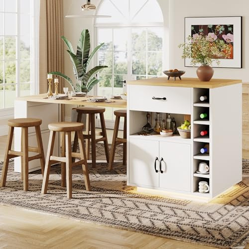 Îlot de Cuisine avec Bande LED – Meuble de Cuisine 80 x 70 x 95,5 cm avec Table Extensible, Chariot de Service Fixe, 2 Tiroirs et 4 Portes, Buffet pour Salon et Bar, Noir/Blanc (Blanc + MDF + Métal)