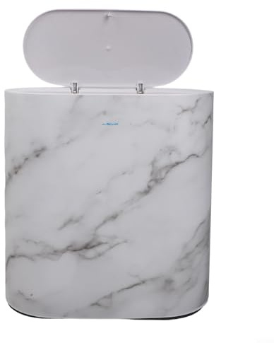For Slim Trash Can with Lid, Narrow Plastic Waste Bin with Dual Compartments for Small Kitchen or Bathroom, Marble and Wood Grain Effect Garbage Can,(- White)