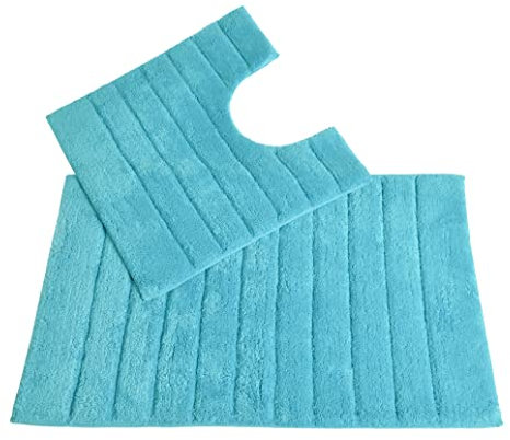 Allure Ribbed Design 2 Piece Bath and Pedestal Toilet Mat Set, 100% Cotton (Turquoise)
