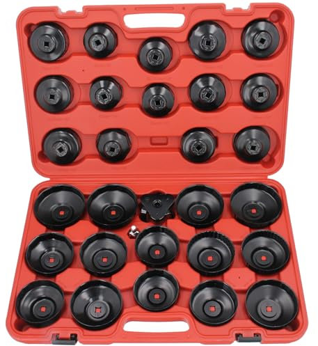 GEPCO 31-TLG Ölfilter Werkzeug Set | Ölfilterschlüssel & Ölfilterkappen | Universal Profi KFZ Ölfilterspinne 28x Kappen + Adapter 1/2 x 3/8 | Stabiler Koffer für Mechaniker & Werkstatt & Heimwerker