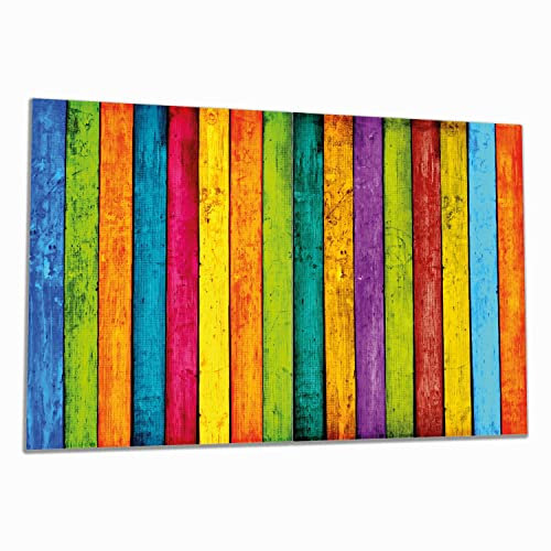 Wallario Herdabdeckplatte/Spritzschutz aus Glas, 2-teilig, 80x52cm, für Ceran- und Induktionsherde, Buntes Holz - Bunte Streifen mit Farbe und Holzstruktur