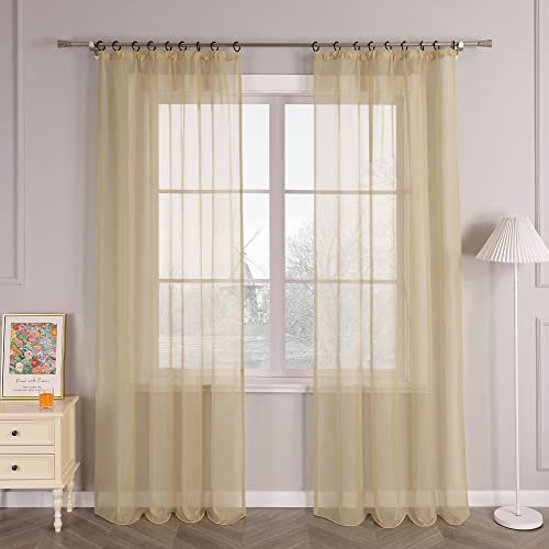 HongYa 1er-Pack Uni Gardine Transparenter Voile Schal Vorhang mit Kräuselband H/B 245/145 cm Sand