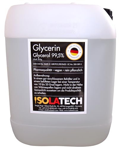 ISOLATECH Glycerin 99,5% 20L Pharmaqualität made in Germany, gemessen 99,98% rein Pflanzlich, Glyzerin Glycerol flüssig transparent 20L-Kanister (Inhalt 25kg)