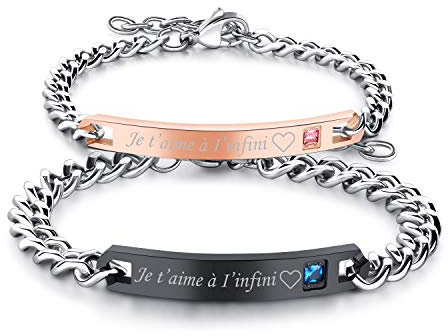 Flongo 2PCS Bracelets Acier Inoxydable Je T’Aime Chaînes de Main Composés Zircon pour Couples Amoureux Femme Homme Or Rose&Noir Cadeaux Saint Valentin Mariage
